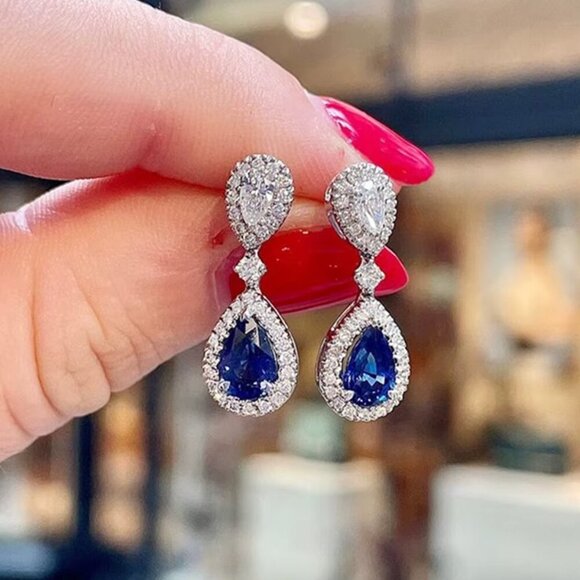 NEW 18k White Gold Blue Sapphire Diamond Earrings Pear Cut Drop Earrings - Picture 1 of 4